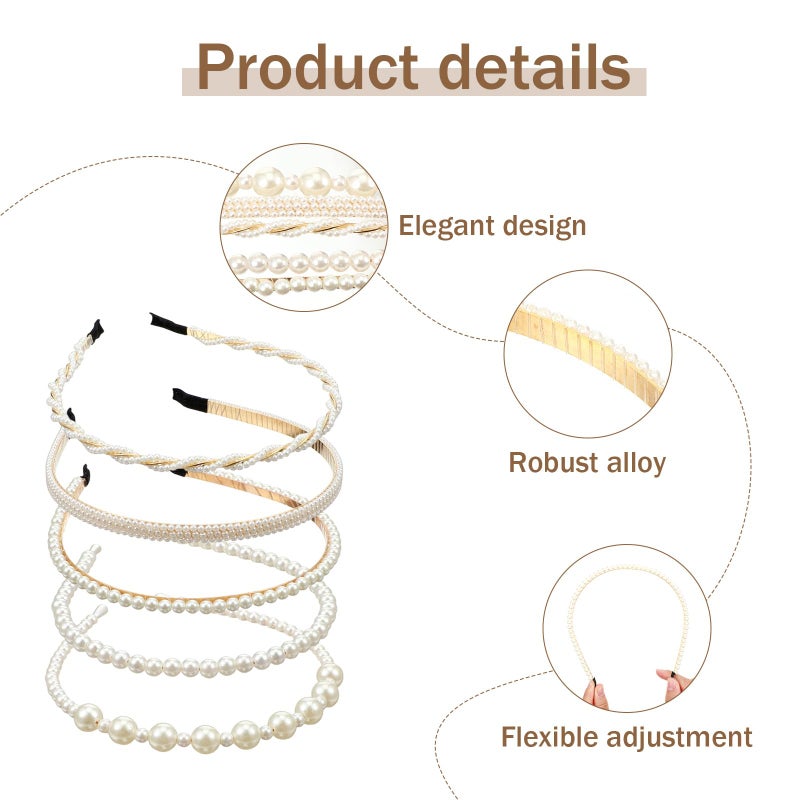 HaiFafafaing 5 Pcs Pearl Headband for Girls White Bridal Pearl Headbands With Pearls Hairbands Elegant Pearls Headpiece Elegant For Women Girls Wedding - Image 3
